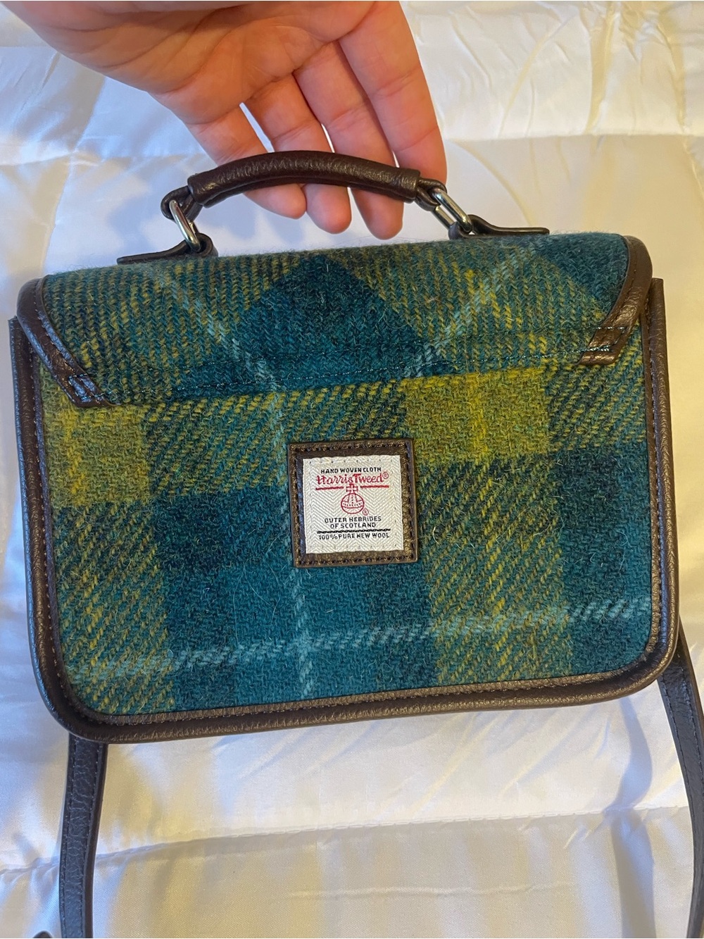 Plaid Wool-Blend Messenger Bag in Teal and Olive with Brown Trim - Picture 2 of 6